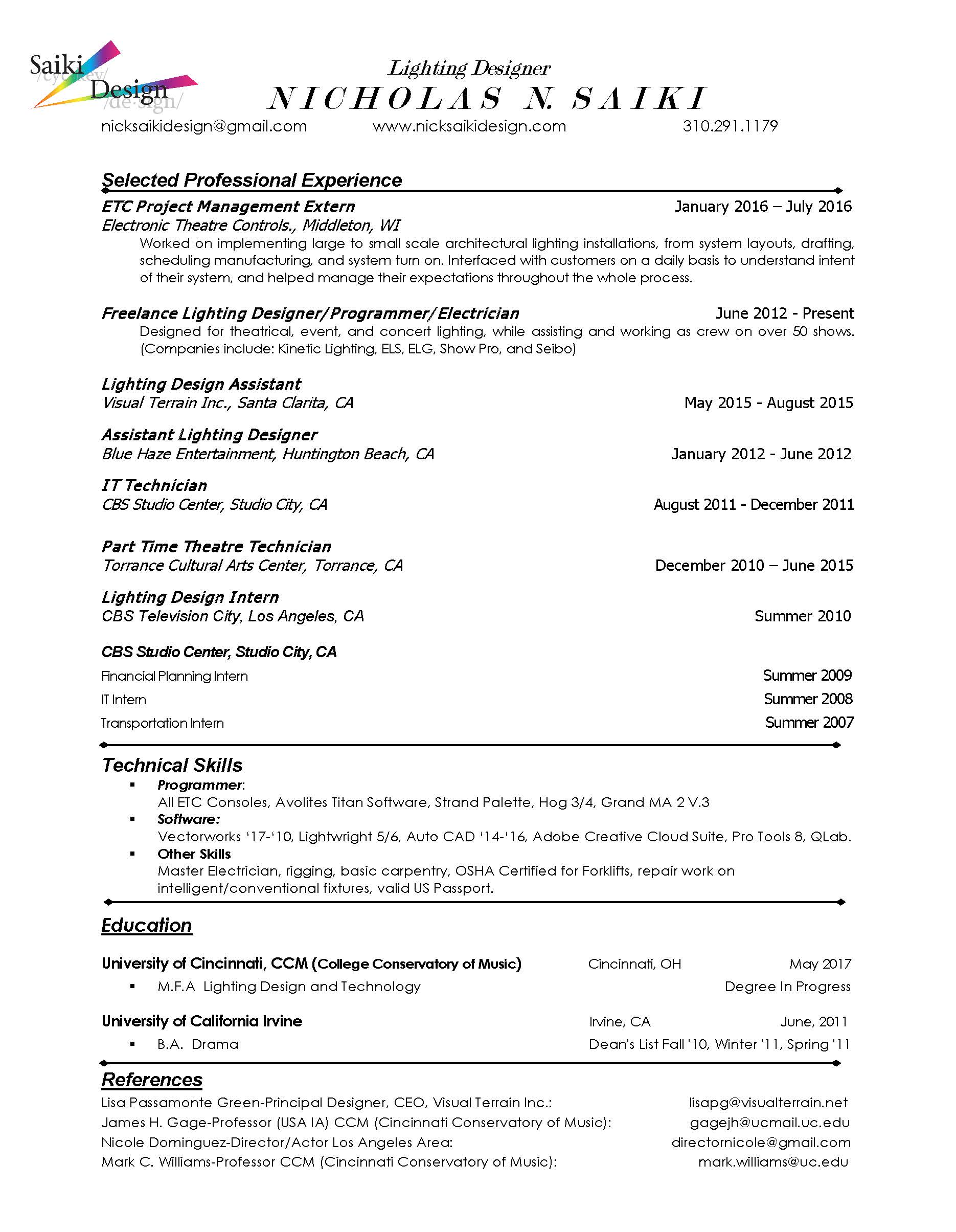 Nick Saiki Lighting Design Resume